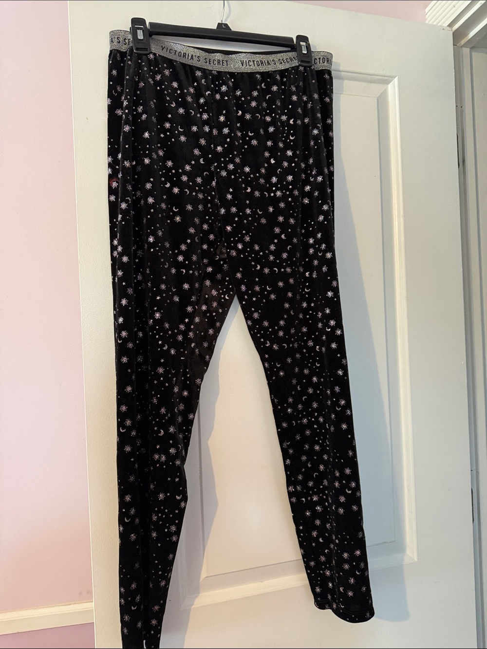Victoria's Secret Black Velour Leggings with glitter Star & Moon Print
